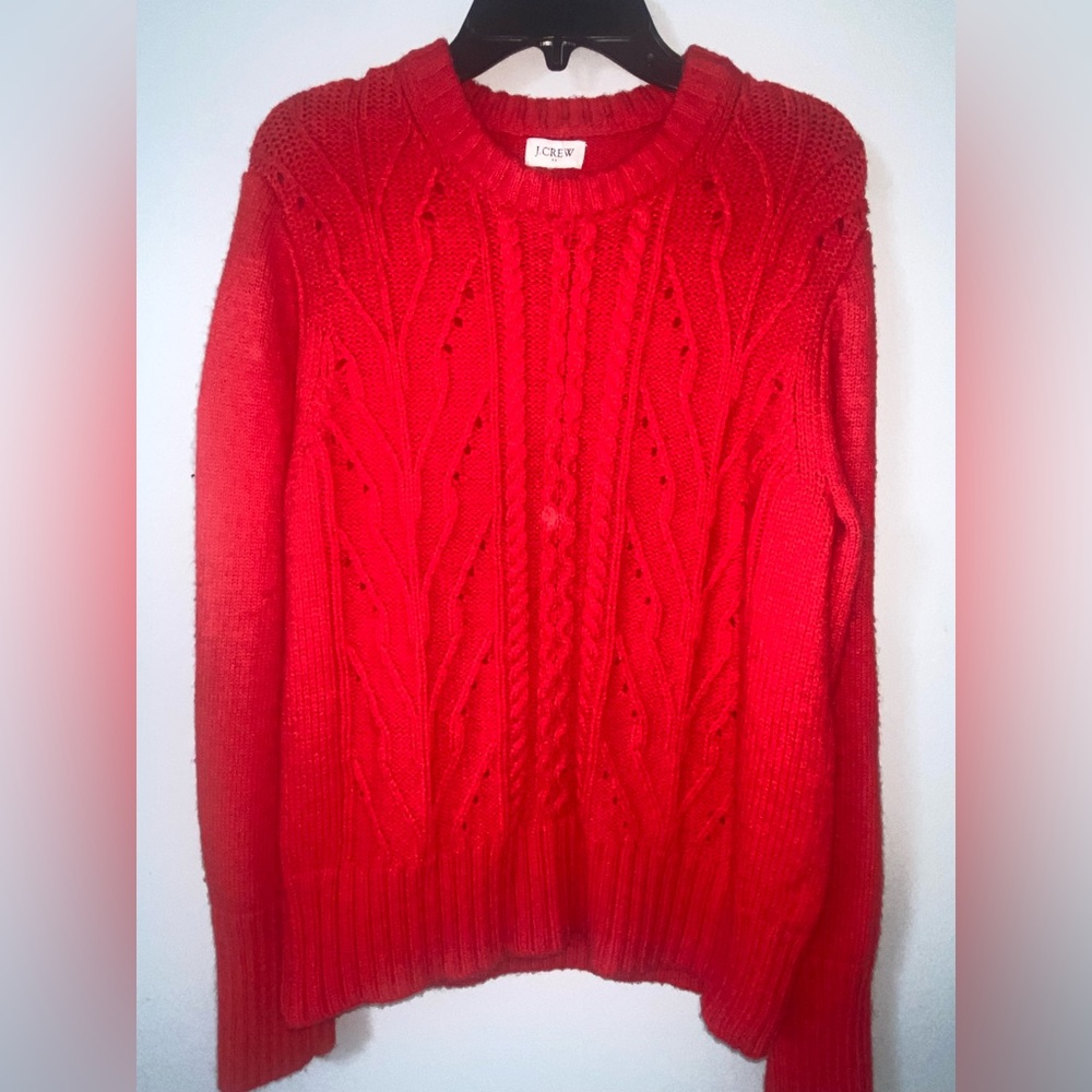 J. Crew Pointelle Cable knit  Pullover Sweater Womens L Red Lambswool